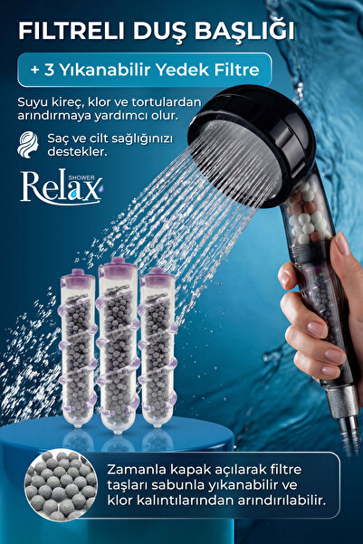 Relax Shower Filtreli Kireç Ve Klor Azaltıcı Duş Başlığı | 3'lü Temizlenebili...
