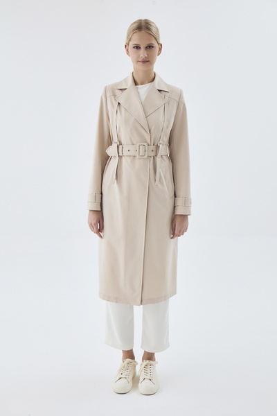 Zühre Double Breasted Collar Epaulet Detailed Belted Stone Trench Coat 13758