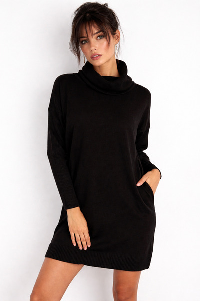 Be Best فستان تريكو قصير بياقة ديجاجي أسود للنساء BE286