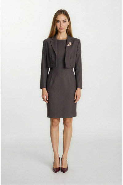 Spazio Pergentina İçi Kolsuz Üstü Crop Ceket Elbise KAHVE