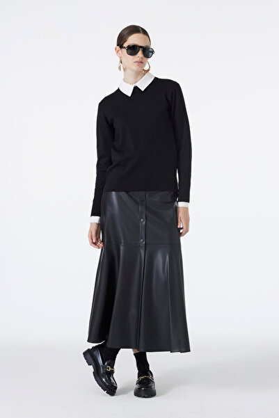 Zühre Düğme Görünümlü Deri Siyah Etek 0194