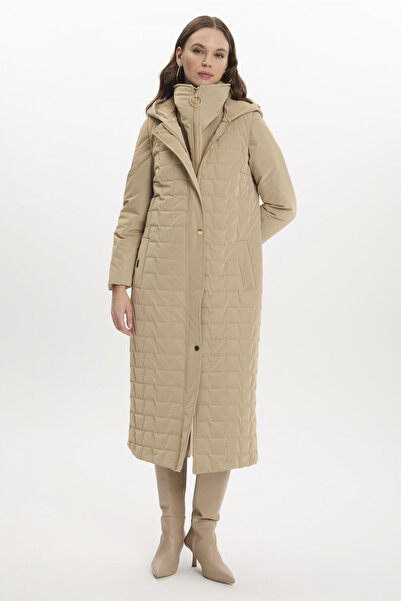Zühre Kapüşonlu Üçlü Kapitone Mont Bej 13692