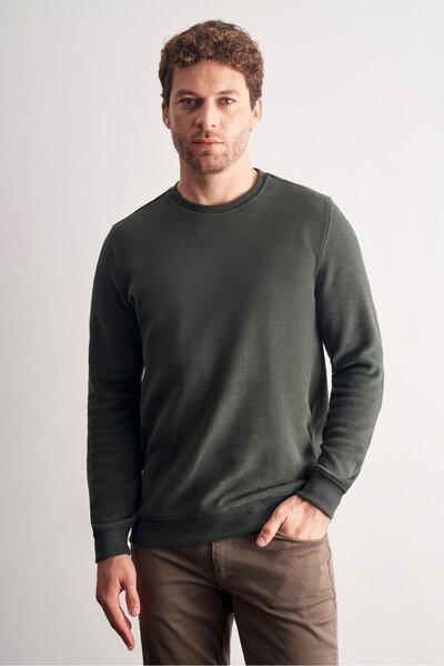 İmza Φούτερ με μακρύ μανίκι χακί με λαιμόκοψη από απλό βαμβακερό Comfort Fit ...