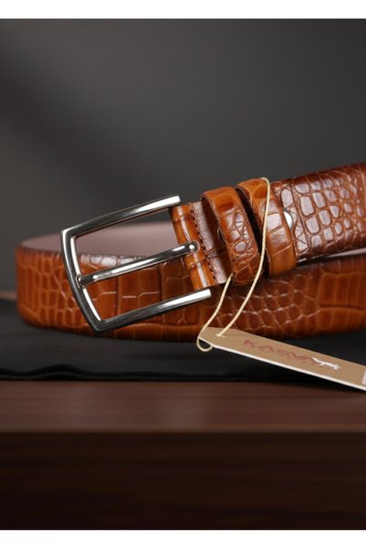 KASVA DERİ Cognac Tan Crocodile Leather Belt 3.5 cm