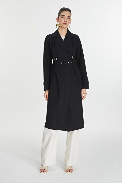 Zühre Чорний тренч з круазеним коміром, аполетами та ременем 13758