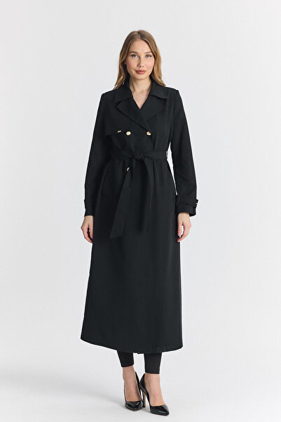 Zühre Kruvaze Yaka Kuşaklı Siyah Trençkot 13767