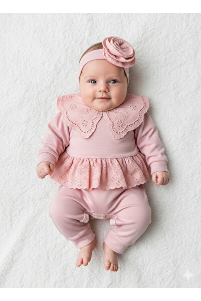 Panfilia 100% Cotton Baby Girl Long Sleeve Transitional Jumpsuit with Headband