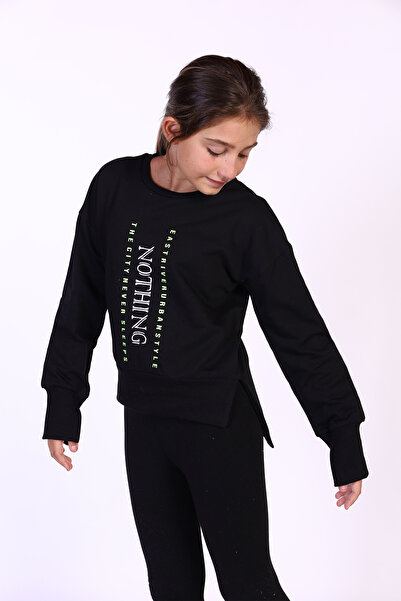 Toontoy Girl's Regular Fit Crew Neck Drop Shoulder Printed Slit Sweatshirt - ...