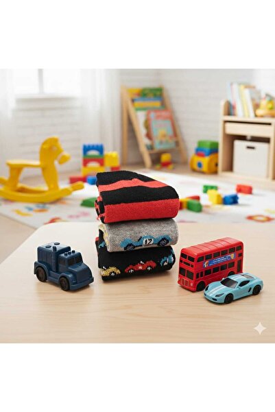 THAGOS 3–4 Yaş Çocuk Çorabı 3'lü | Araba ve Çizgili Desenli | Yarış Arabası F...
