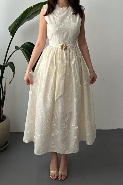 Julidress Premium Design Linen Dress with Beige Embroidery and 3D Floral Patt...