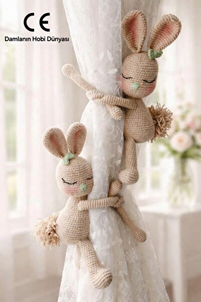 Damla AMİGURUMİ TAVŞAN KARAMEL - 2Lİ PERDE TUTUCU - ORGANİK OYUNCAK
