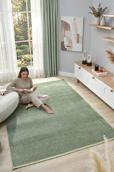 CASERA HOME Zen Collection Yeşil Kaymaz Taban Makinede Yıkanabilir Dokuma Kil...