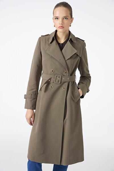 Zühre Trench lung cu guler dublu și curea în talie, kaki 12528