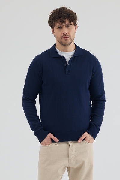 hateko Плетено пуловер с поло яка от 100% чист памук в тъмносин цвят