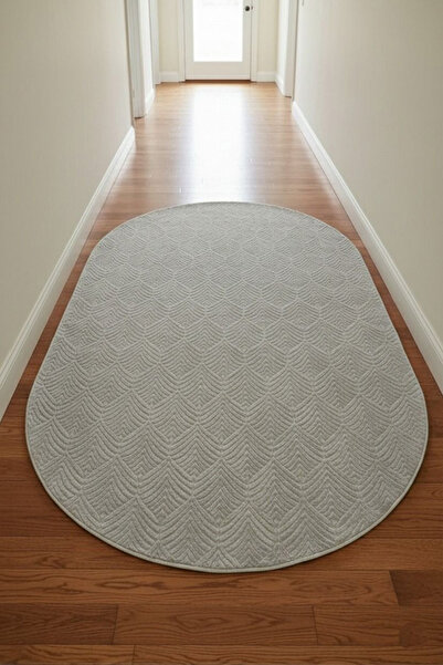 Raschel Carpet Yaprak Oval Açık Gri Emboss Premium Seri Yeni Nesil Kaymaz Tab...