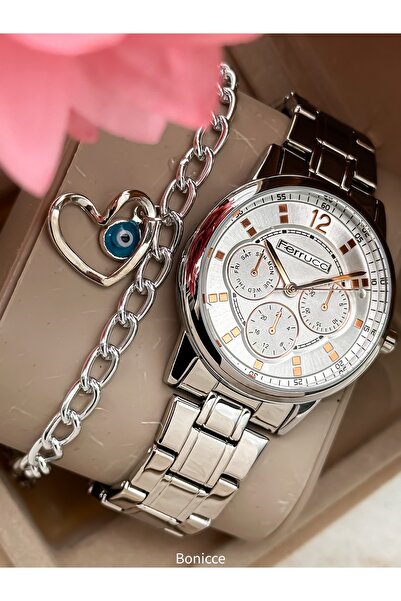 Ferrucci سوار فولاذي بلون فضي وردي، مقاوم للماء، مضمون، ساعة يد نسائية + سوار