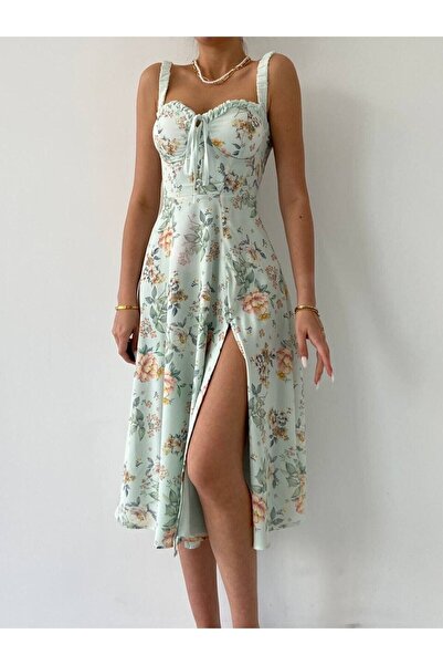 Julidress Floral Patterned, Supported, Slit, Lined, Strappy, Chest-Tie Dress