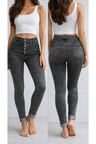 rengamoda Pantaloni de jeans cu talie înaltă cu mai multe nasturi pentru femei