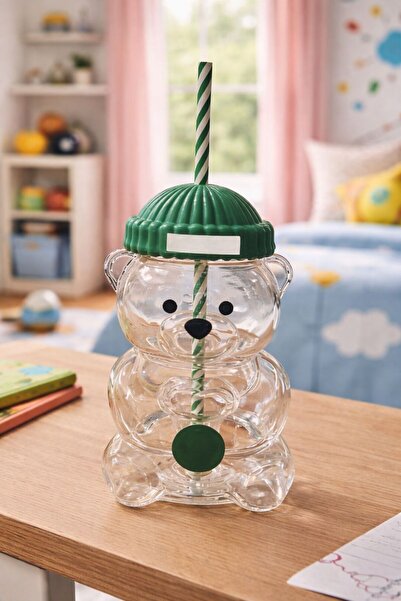 Doğan Ticaret Şapkalı Sevimli Ayıcık Cam Matara - Pipetli Çocuk ve Yetişkin M...