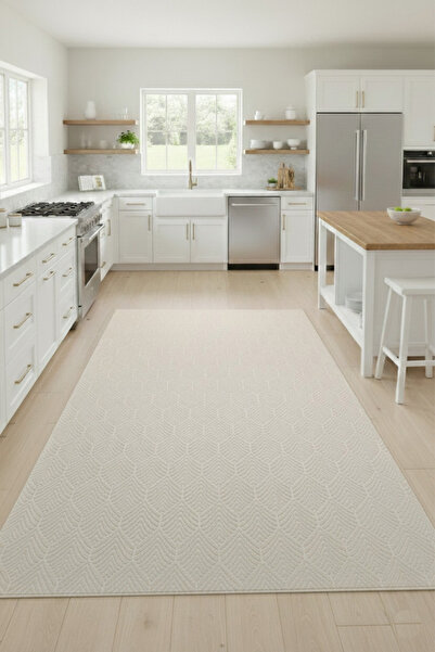 Raschel Carpet Premium Yıkanabilir Leke Tutmaz Yaprak Emboss Krem Mutfak Halı...