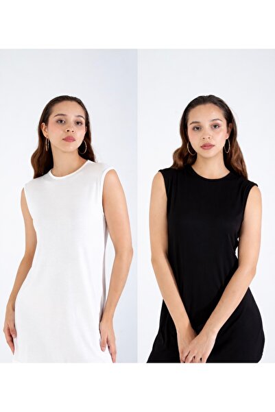 Suzella Kadın 2 Li Paket Beyaz/Siyah Oversize Sıfır Kol Bisiklet Yaka Basic G...