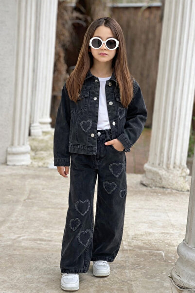 DUDOR KİDS Set pentru fete: pantaloni negri din denim cu inimioare și jachetă...