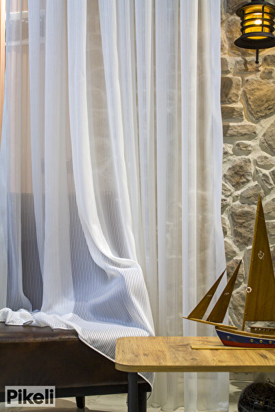 Pikeli Elegance Çizgili Zarif Tül Perde – Krep Zemin Dokulu, Işık Geçirgen, E...