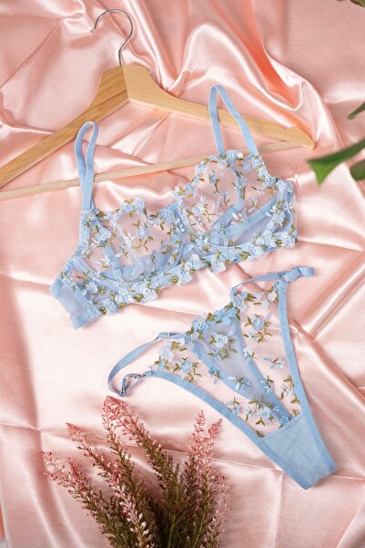 more than socks Mavi Minik Çiçek Desenli Balenli Sütyen Takım