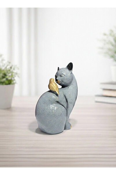 TEZ Dekoretif-KUŞLU KEDİ-Duman Renkli Biblo Aksesuar