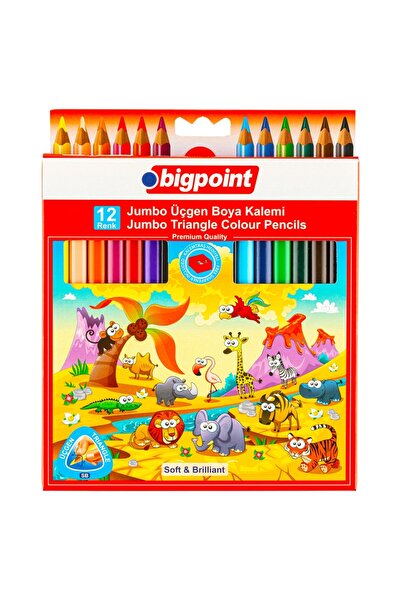Bigpoint Premium Jumbo Üçgen Kuru Boya Kalemi 12 Renk - 12'li Set