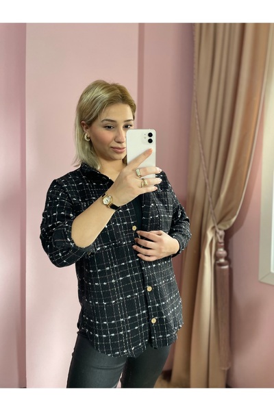 Genel Markalar Siyah Oversize Şanel Tüvid Standart Beden Kumaş Ceket/gömlek