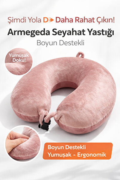 Armegeda Visco Ortopedik Kadife Seyahat Boyun Yastığı Pembe| Rahat Uyku Destekği