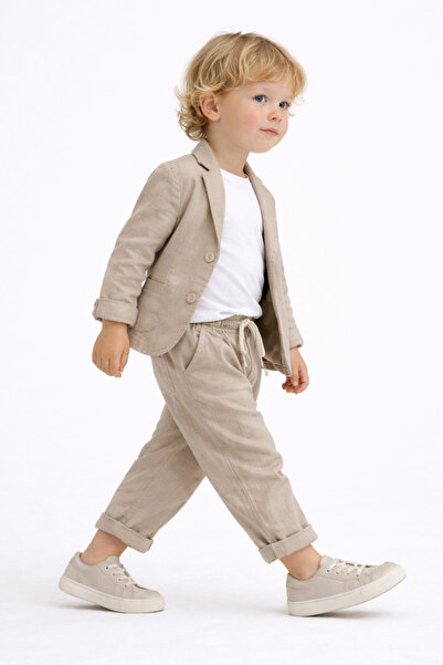 ecoo kids Erkek Çocuk 3’lü Takım Keten Ceket, Tişört ve Jogger Bel Keten Pant...