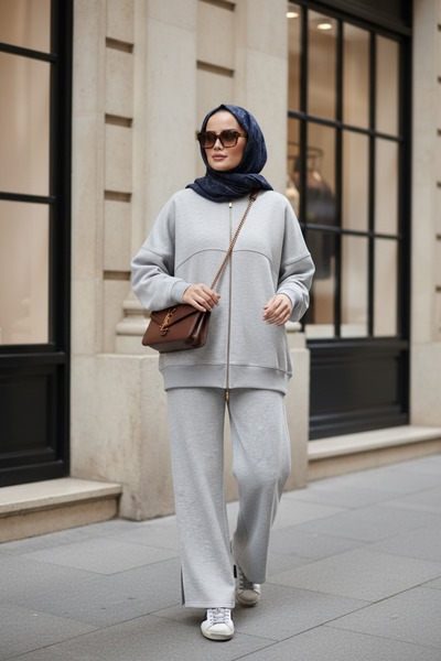 Aselim Hijap Moda 3 İplik Şardonlu Bomber İkili TesettürTakım | Pamuklu Rahat Takım Grimelanj