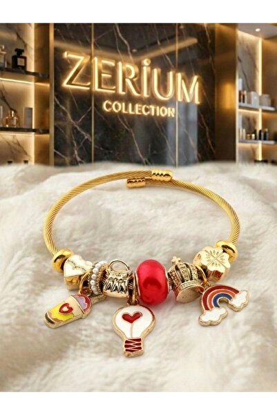 ZERİUM Modern Steel Stylish Women's Charm Steel Bracelet Rainbow Flower and F...