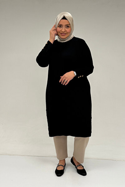 Eslina 38015 Büyük Beden Düğme Detaylı Penye Tunik - Siyah