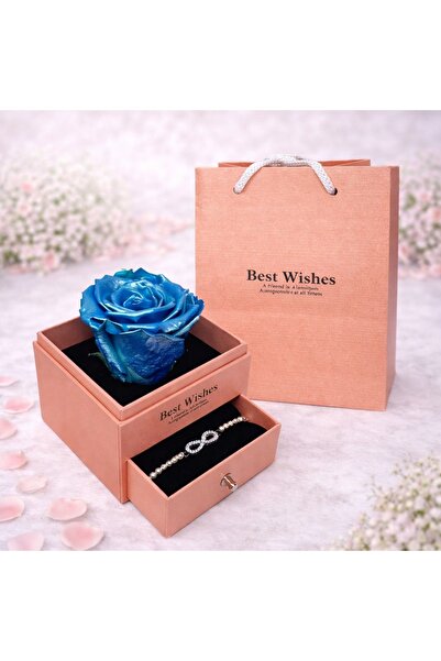 velve Trandafir criogenat in cutiuta somon, cu sertar si bratara, albastru me...