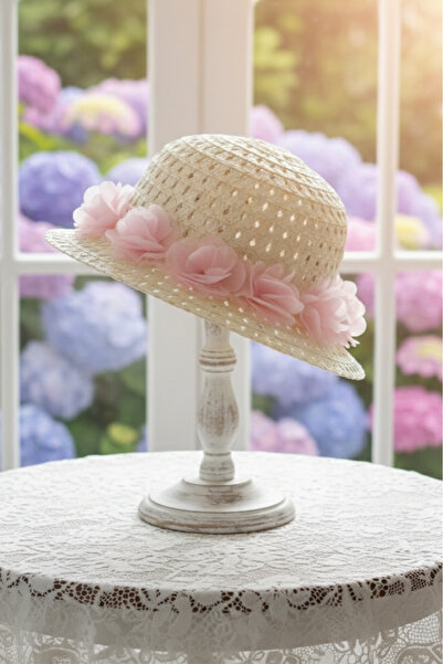 ABİYEKİDS قبعة بناتي من القش الزهرية لعمر 2/9