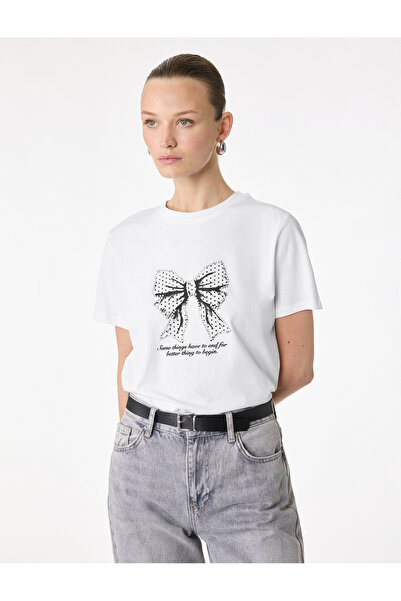 Koton Tricou alb de damă cu imprimeu cu fundă și pietre 6SAK50063EK