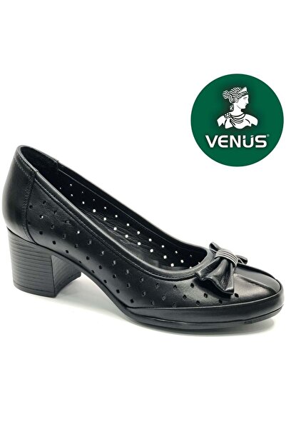 Venüs Scoop Genuine Leather Ribbon Detailed Women's Heeled Shoes Black