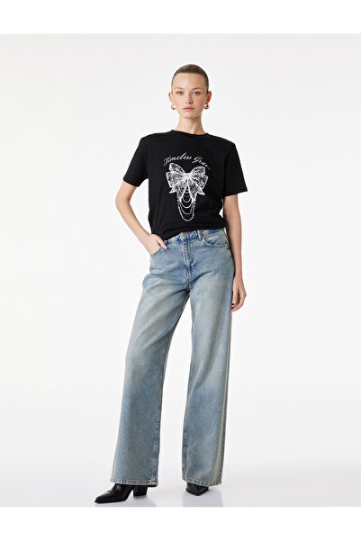 Koton Cotton Short Sleeve Crew Neck Bow Print T-Shirt