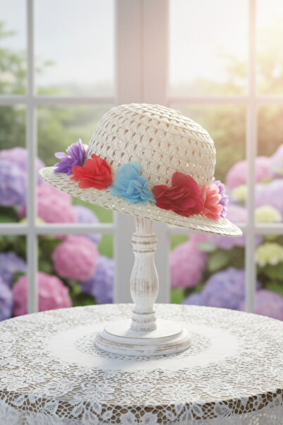 ABİYEKİDS Ψάθινο καπέλο λουλουδιών για παιδιά ηλικίας 2/7 ABY206