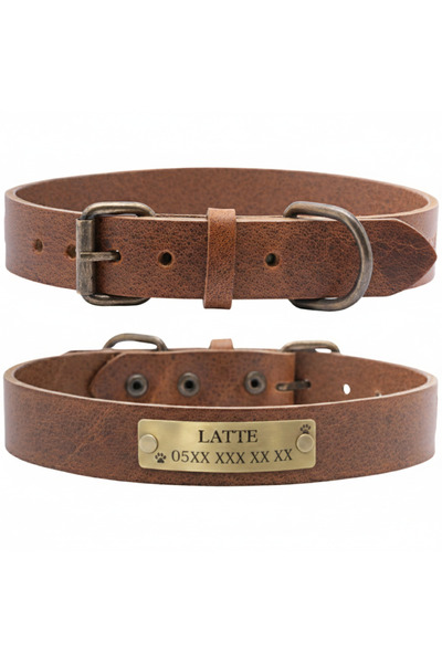 Bakani Leather Kişiye Özel Köpek İsimli Boyun Tasması, Hakiki Vejetal Deri, D...