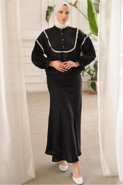 TRENDTESETTÜR KADIN SİYAH DANTEL DETAYLI ETEKLİ TAKIM T 8702