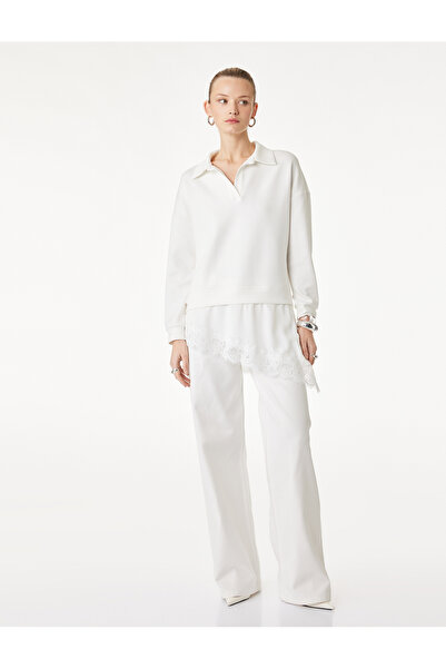 Koton Uzun Kollu Polo V Yaka Dantelli Etek Ucu Detaylı Sweatshirt