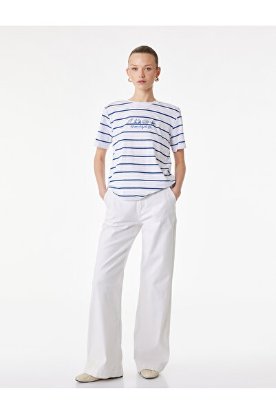 Koton Βαμβακερό κοντομάνικο μπλουζάκι με ρίγες και λεπτομέρεια κεντήματος με ...