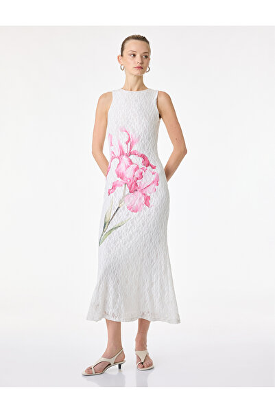 Koton Тънко прилепваща рокля без ръкави с кръгла яка и флорален мотив от дантела