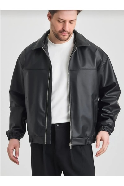 MerStore Jachetă de piele neagră pentru bărbați oversize