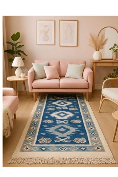 OEM Traditional Woven Rug , double-sided, jute, size 80 x 150 cm, blue and cream