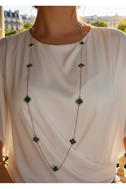 ZEY 925 Ayar Gümüş Takı-Zirkon Taşlı Yeşil Uzun Yonca Şans Kadın Hediyelik Kolye